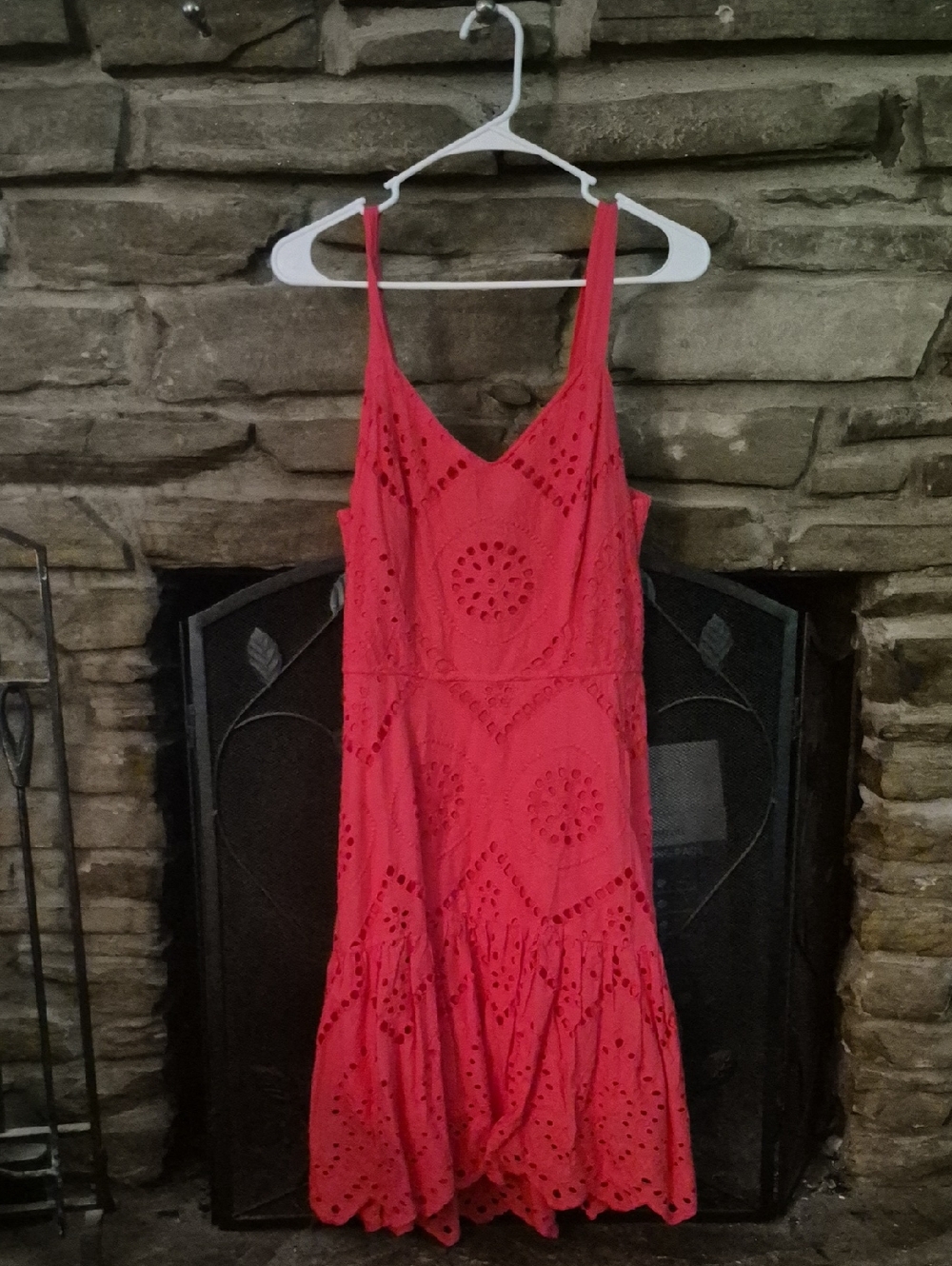 Spaghetti-Strap Eyelet Midi Dress in Coral